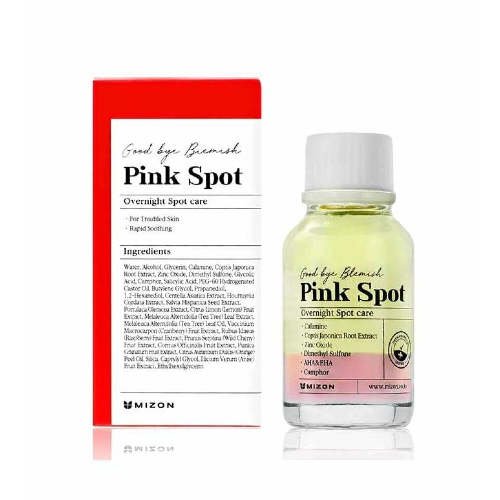Produktflasche und Verpackung. Rote Verpackung mit Produktnamen und Inhaltsstoffen. Flasche mit weißem Deckel. Marke: Mizon.