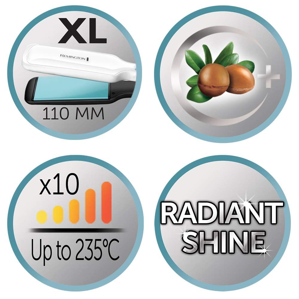 Kreisförmige Symbole mit Produktmerkmalen. XL-Größe, 110 mm, bis zu 235°C, Arganöl-Infusion, Radiant Shine.