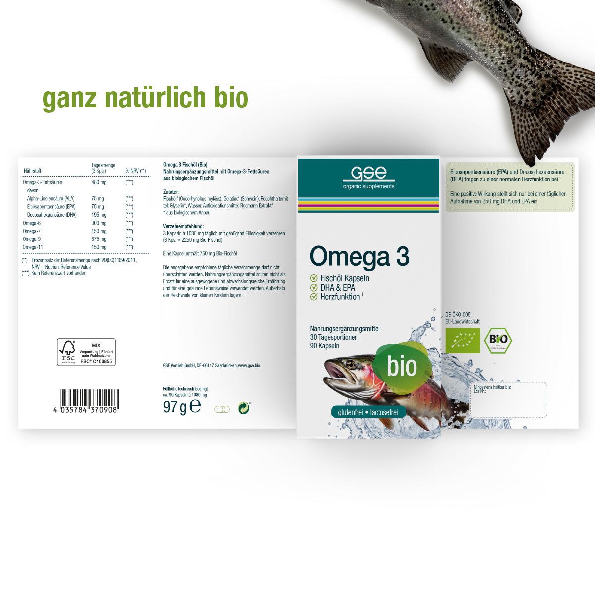 Geöffnete Schachtel mit Omega 3 Fischöl Kapseln. Aufschrift: Omega 3, Fischöl Kapseln, bio. Fisch-Illustration. Bio-Siegel. Produktinformationen.