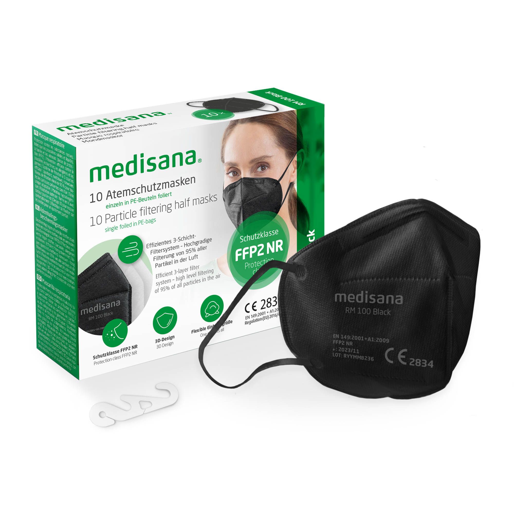 Schwarze FFP2-Atemschutzmaske, Verpackung mit 10 Masken, CE-Kennzeichnung, weißer Ohrschlaufenspanner.