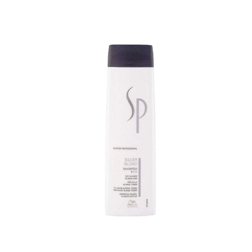 Weißes Shampoo-Flakon mit grauem Deckel. SP-Logo und Schriftzug Silver Blond Shampoo.