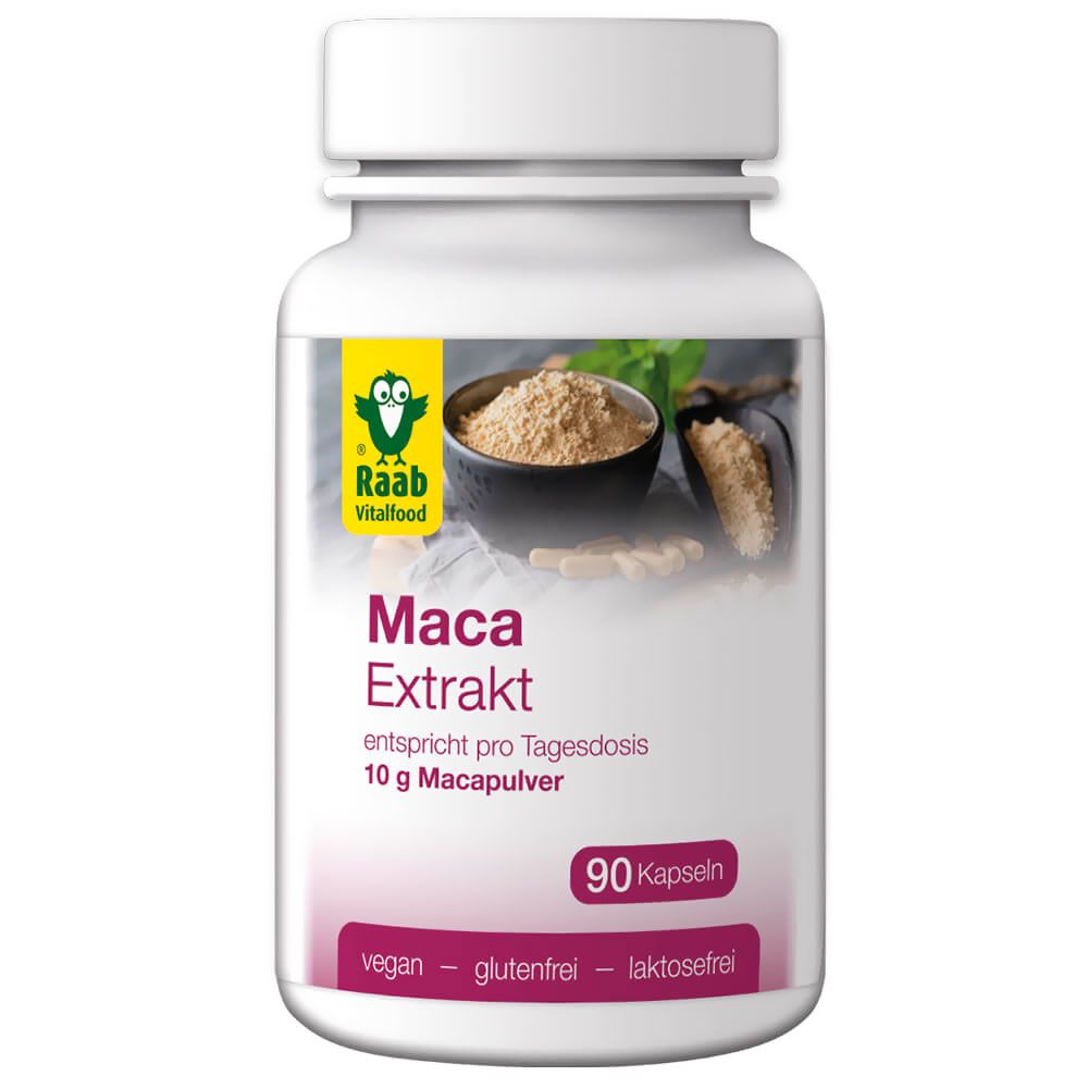 Weiße Flasche mit Raab Vitalfood Maca Extrakt Kapseln. Aufschrift: 90 Kapseln, vegan, glutenfrei, laktosefrei.