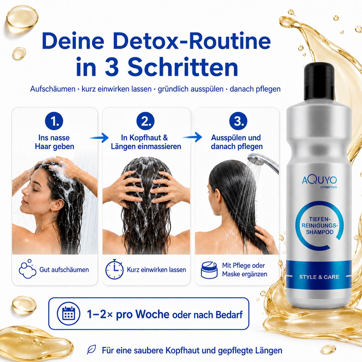 Frau wäscht sich die Haare. Silberne Shampoo-Flasche mit schwarzem Deckel. Text: Tiefenreinigungs-Shampoo, Style & Care.