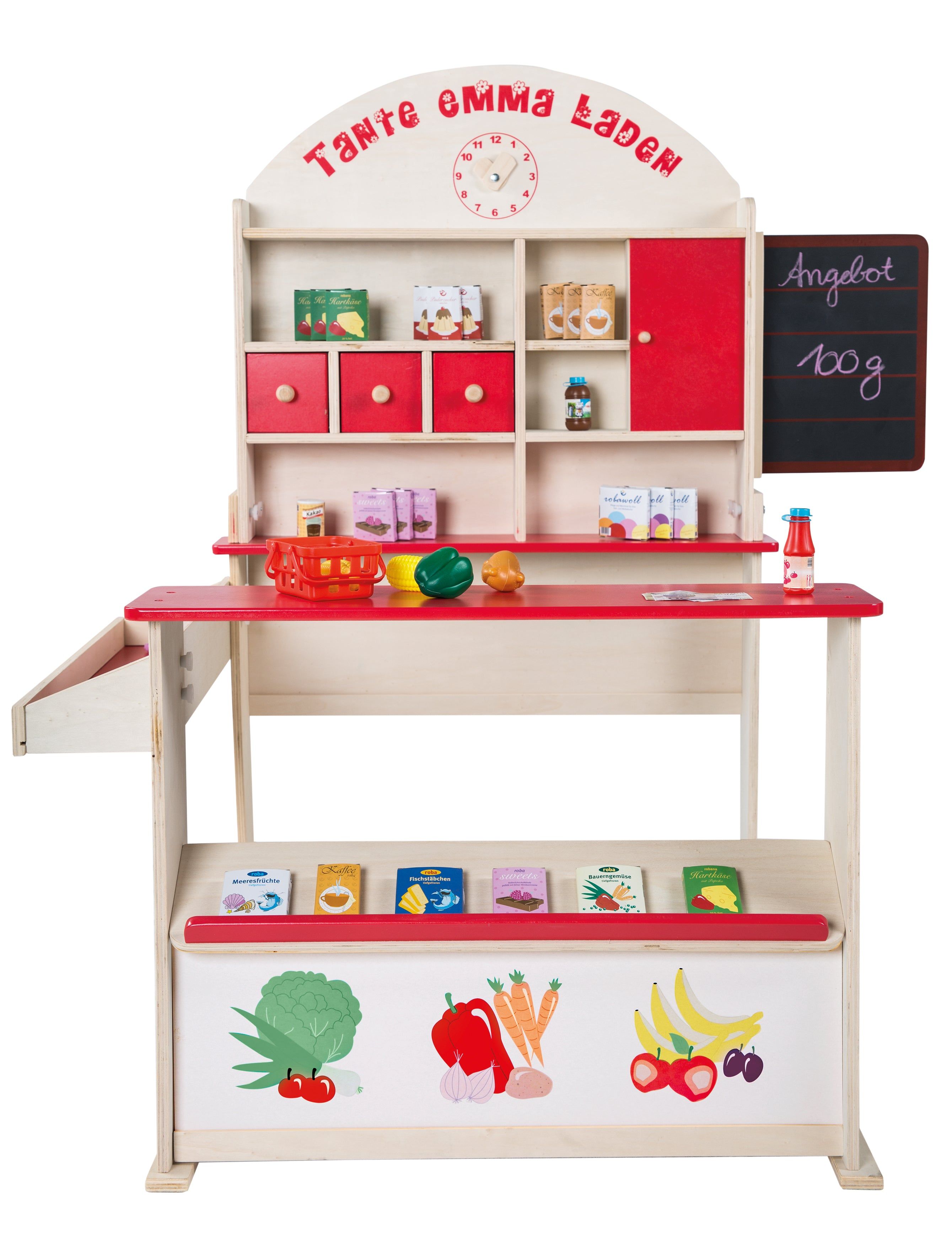 Spielzeug-Verkaufsstand mit Regalen, roter Tür und Tafel. Auf der Tafel steht "Angebot 100g". Produkte auf den Regalen und Theke.