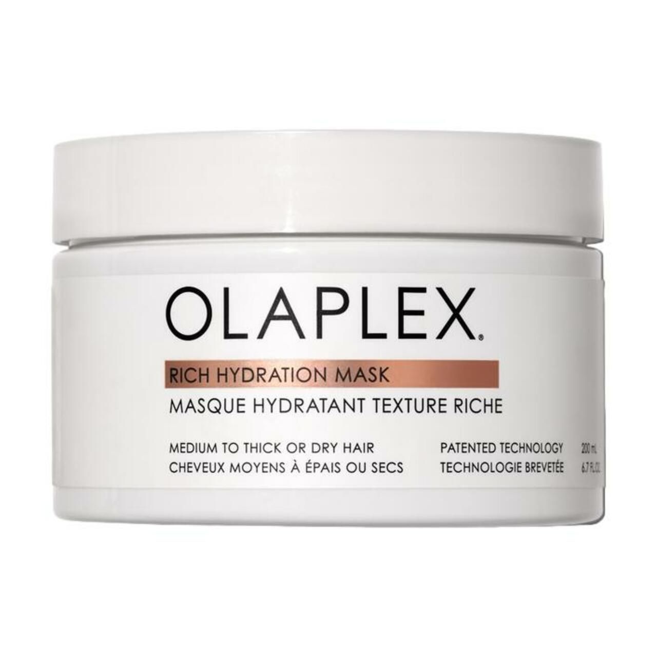 Weißer Tiegel mit Olaplex Rich Hydration Mask. Text: Masque Hydratant Texture Riche. Für mittlere bis dicke oder trockene Haare.