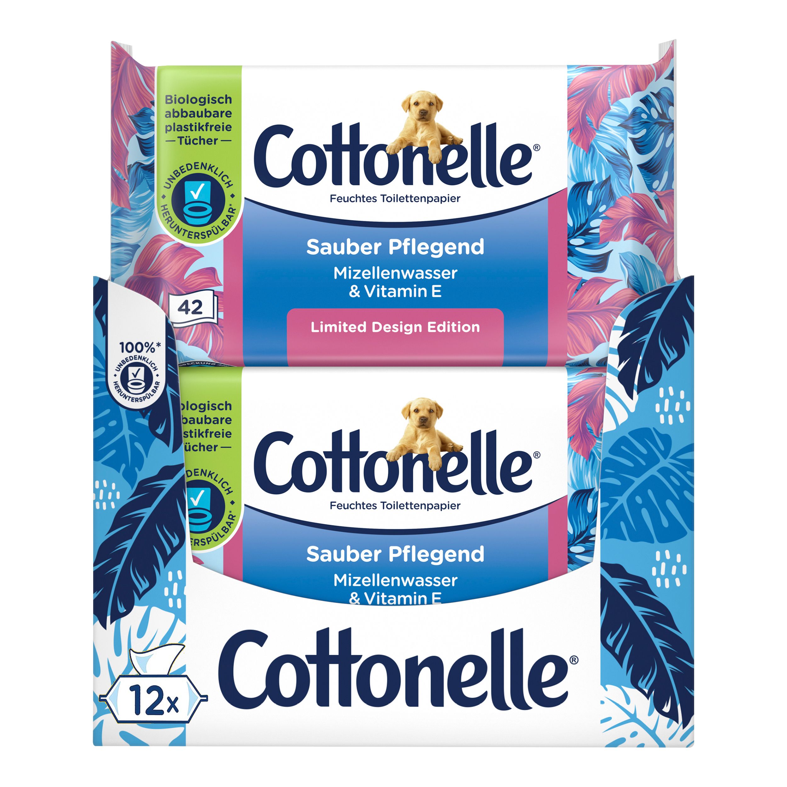 Zwei Packungen Cottonelle Feuchtes Toilettenpapier. Aufdruck: Sauber Pflegend, Mizellenwasser & Vitamin E, Limited Design Edition. 42 Tücher.