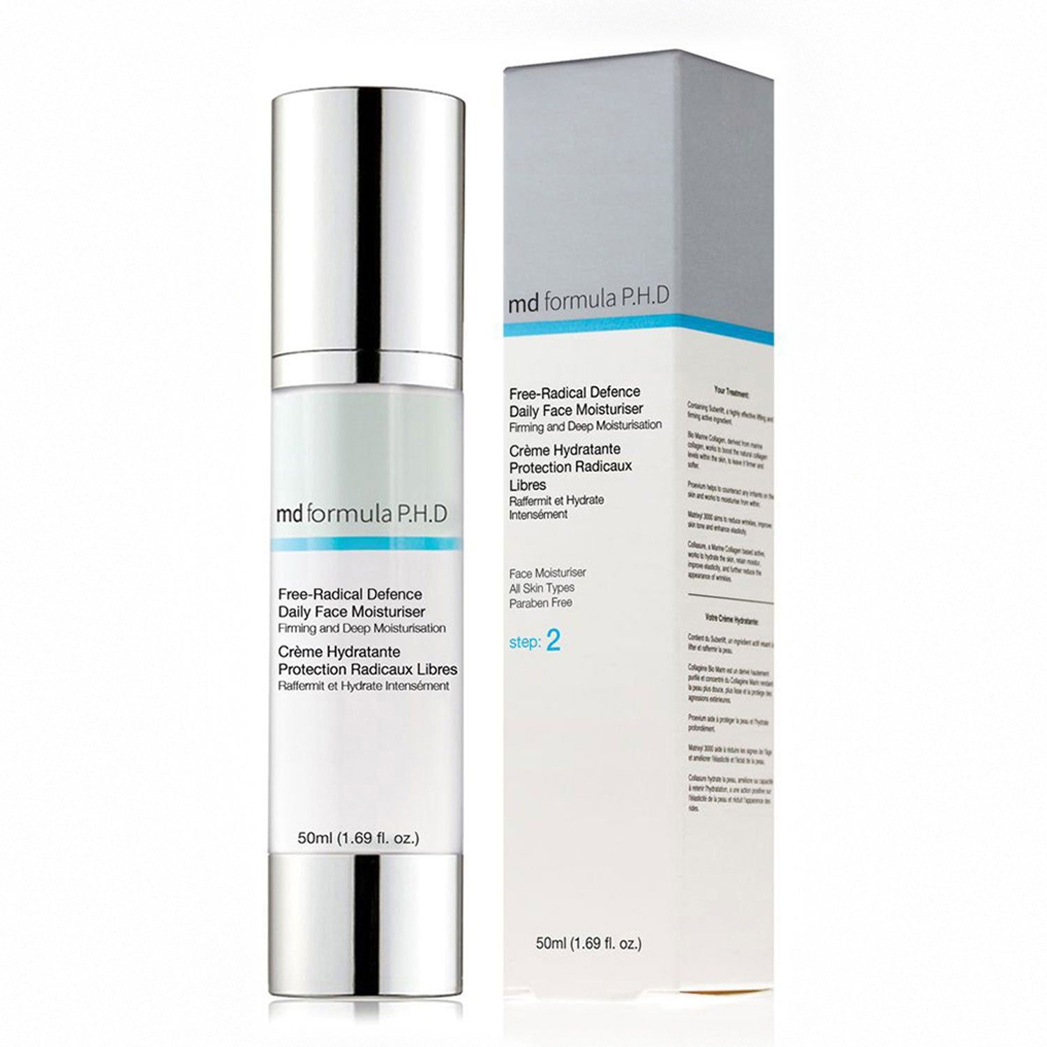 Produktflasche und Verpackung. Flasche: MD formula P.H.D Free-Radical Defence Daily Face Moisturiser. Verpackung: weiß, blau, Text.