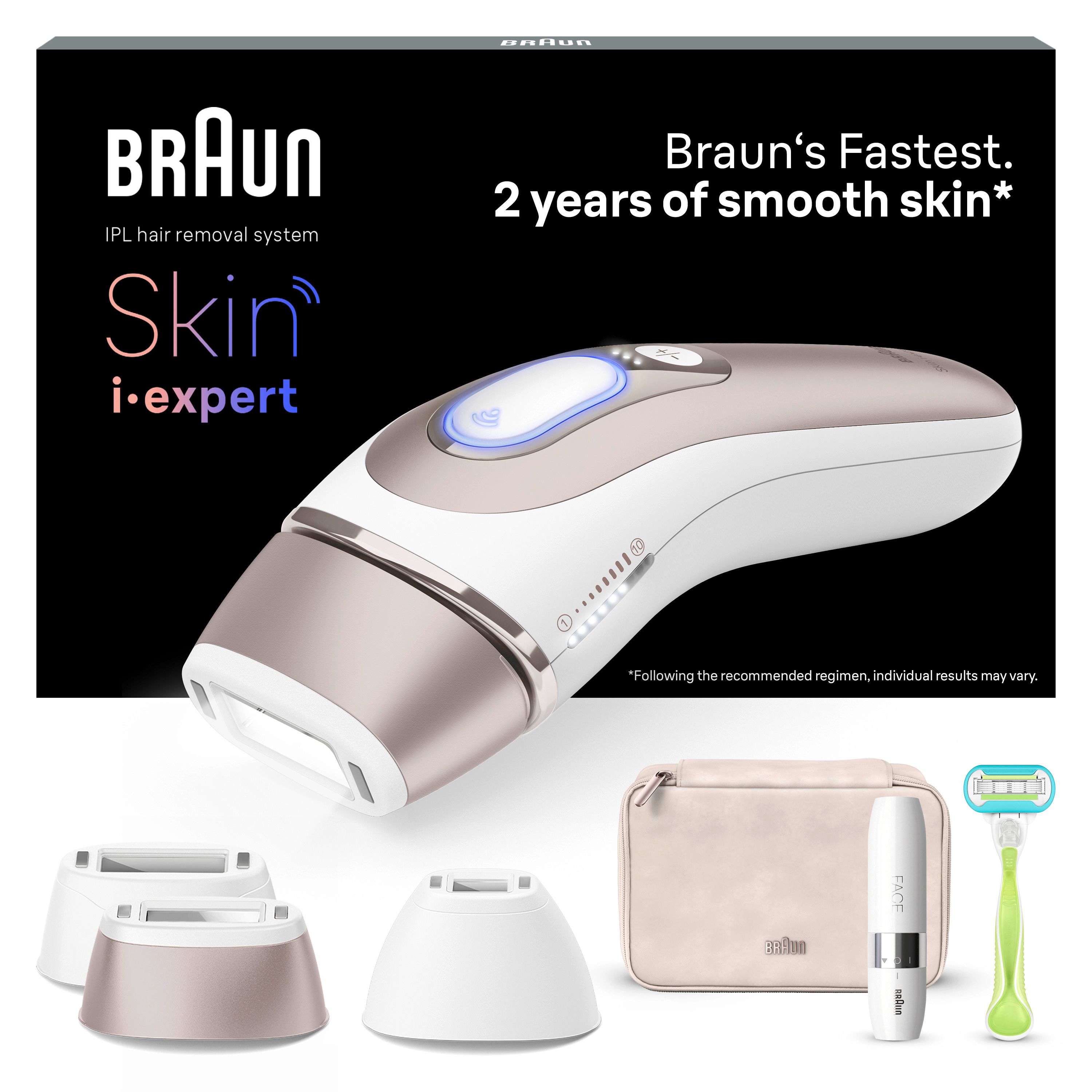 Braun IPL-Haarentfernungssystem Skin i-expert Pro 7 PL7249. Mit Zubehör: Aufsätze, Etui, Rasierer. Verpackung mit Text.