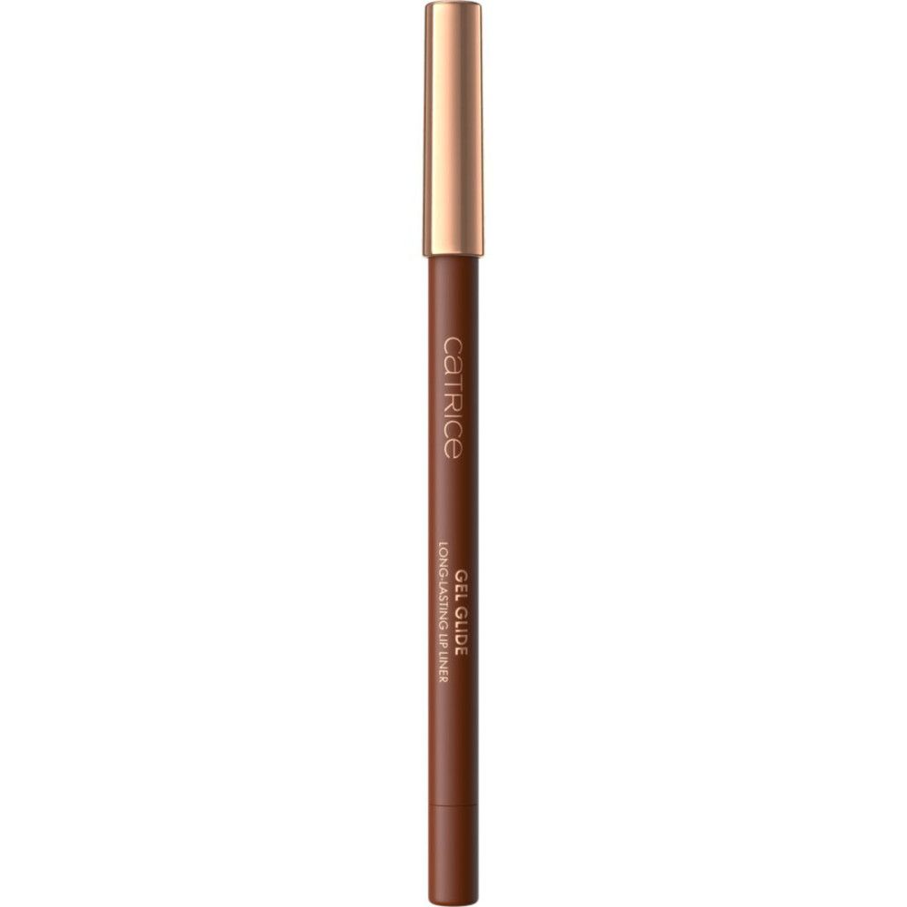 Brauner Lippenkonturenstift mit goldener Kappe. Aufschrift: Catrice, Gel Glide Long-lasting Lip Liner.