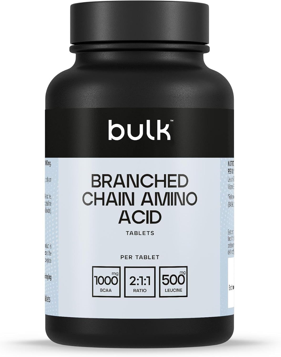 Schwarze Flasche mit "bulk"-Logo und "Branched Chain Amino Acid Tablets"-Aufdruck. Enthält Tabletten.