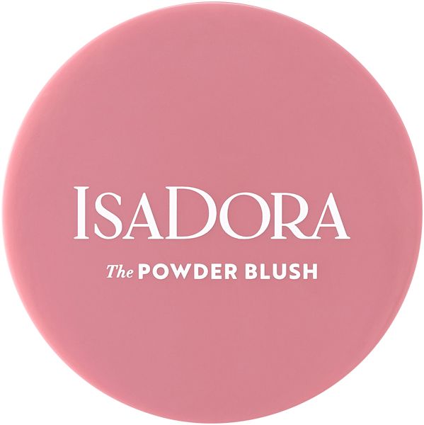 Runder, rosafarbener IsaDora Powder Blush. Weißer Schriftzug: IsaDora, The Powder Blush.