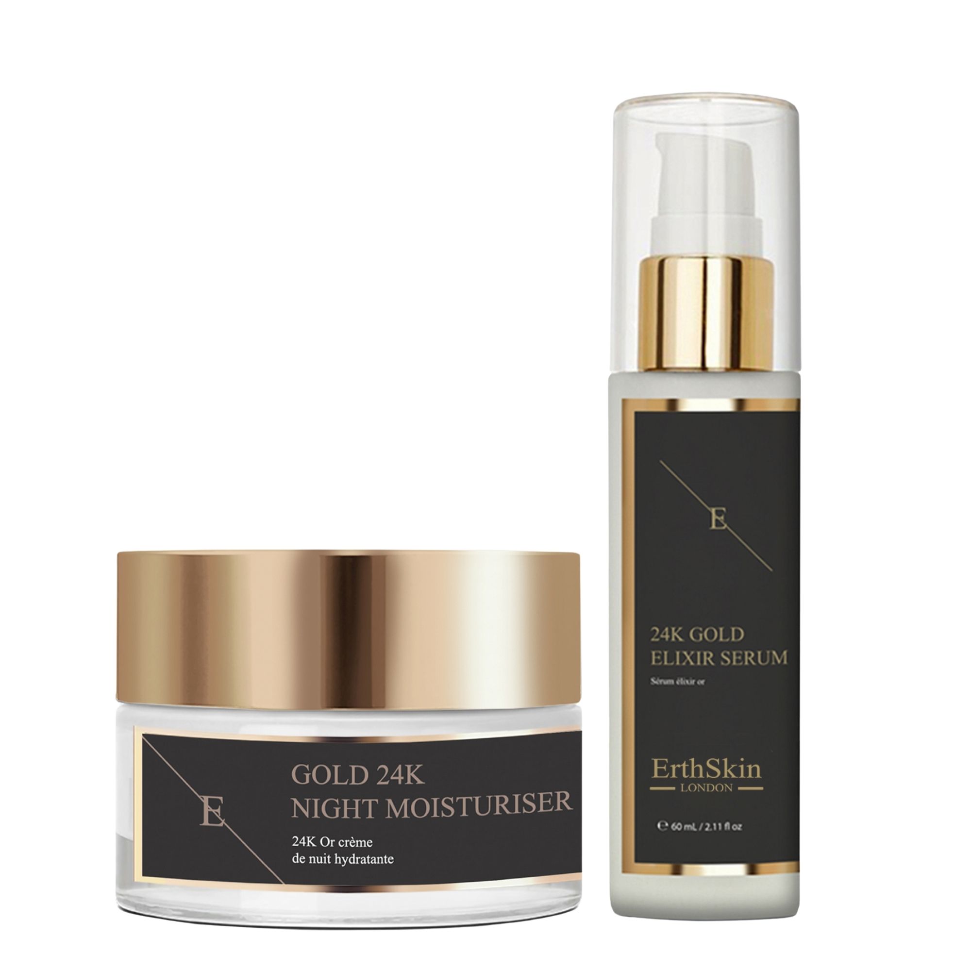 Zwei Kosmetikprodukte: Goldfarbene Tiegel und Flasche. Beschriftung: GOLD 24K NIGHT MOISTURISER, 24K GOLD ELIXIR SERUM. Marke: ErthSkin London.