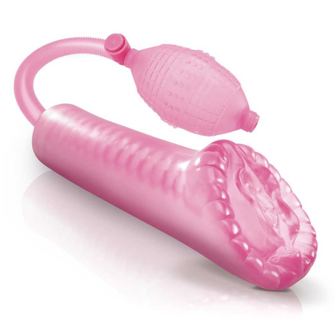 Rosa Pumpe mit Schlauch und Ball. Oberfl
che mit Rillen. Geformte 
ffnung.