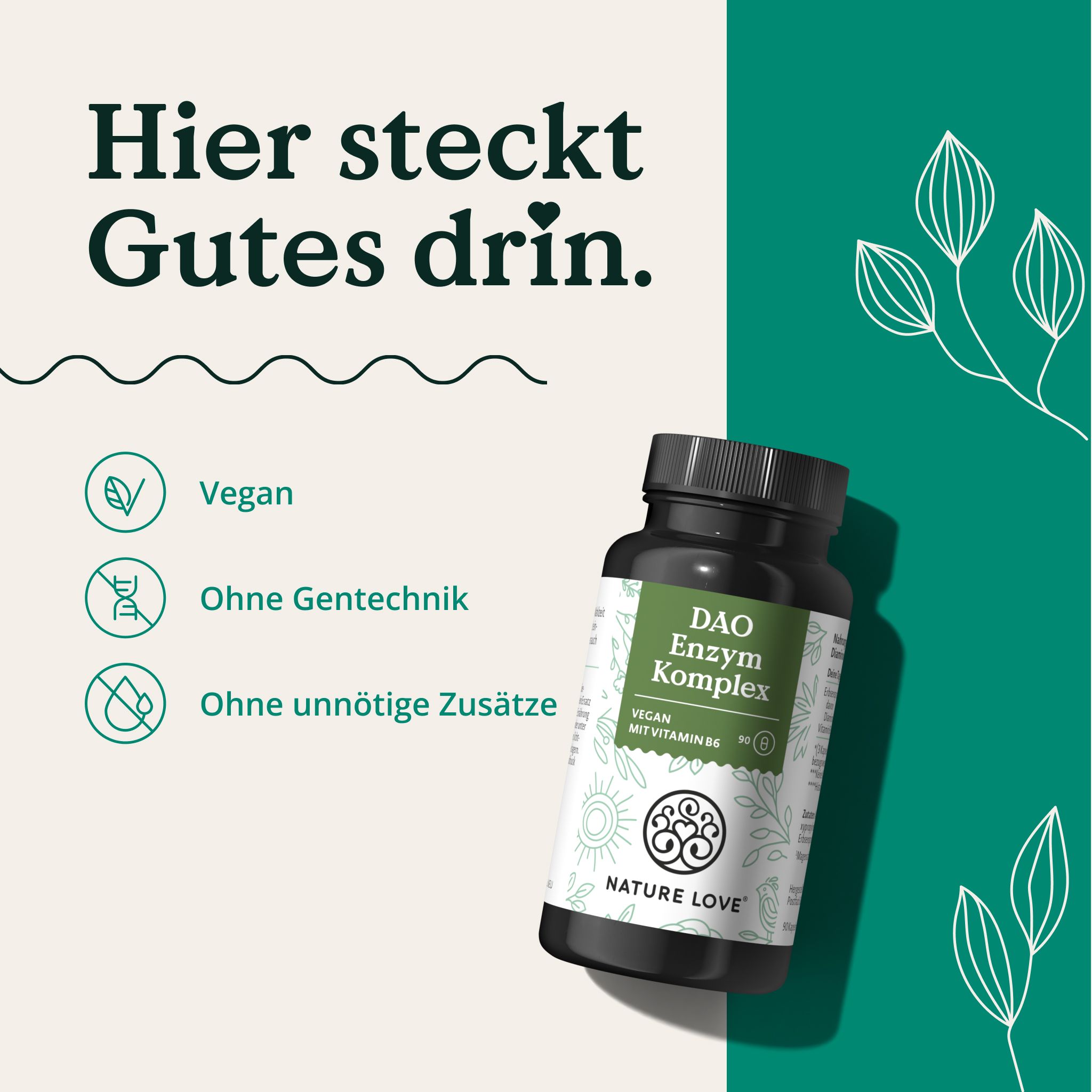 Produktflasche mit Etikett. Text: DAO Enzym Komplex, Vegan, Vitamin B6. Ohne Gentechnik, ohne unnötige Zusätze. Marke: NATURE LOVE®.