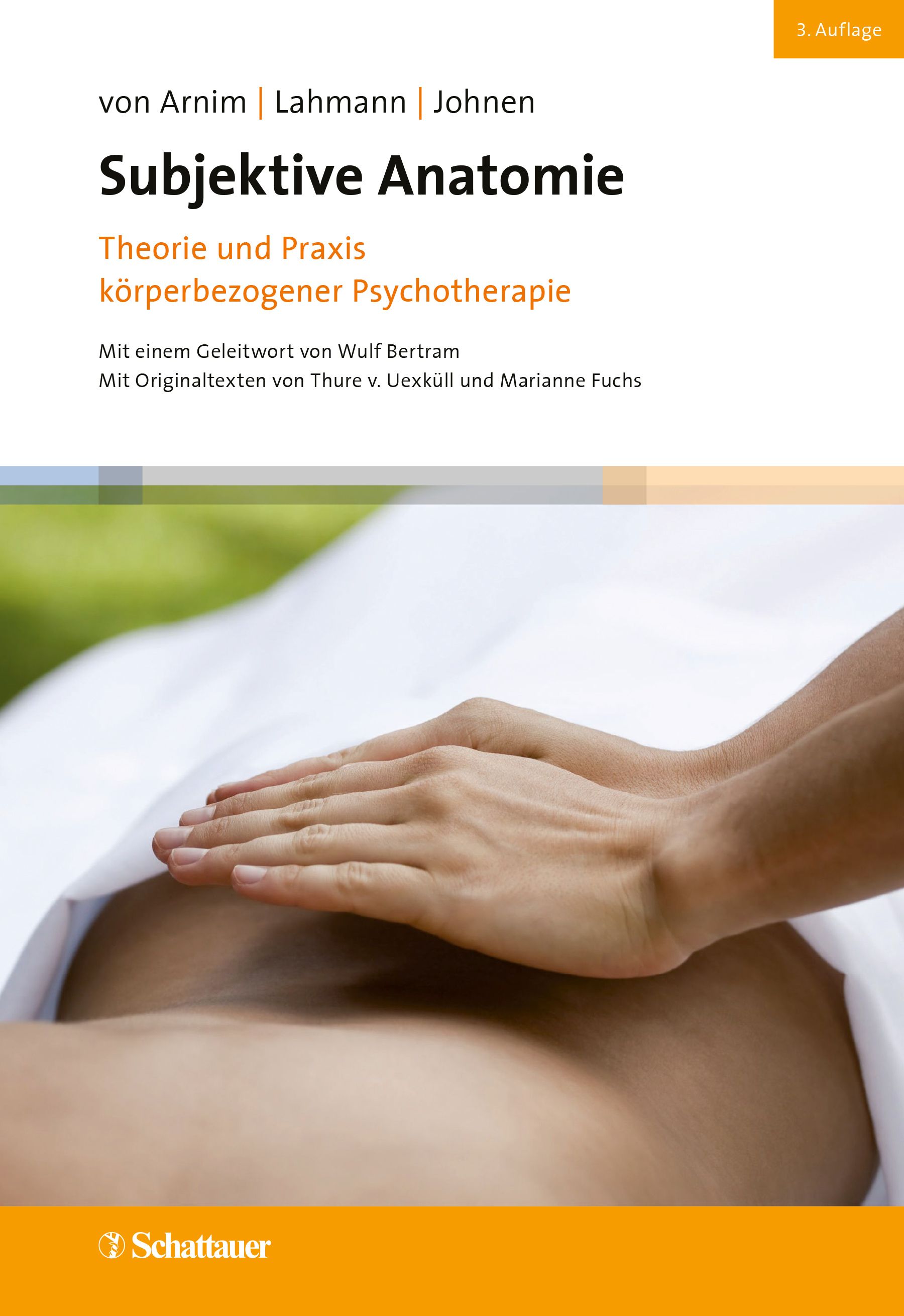 Buchcover: Subjektive Anatomie. Titel, Autoren, Auflage. Hände auf Bauch. Schattauer-Logo.