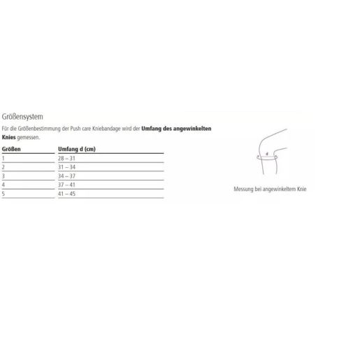 Tabelle mit Größenangaben für die Push care Kniebandage. Größen 1-5, Umfang in cm. Illustration: Messung am angewinkelten Knie.