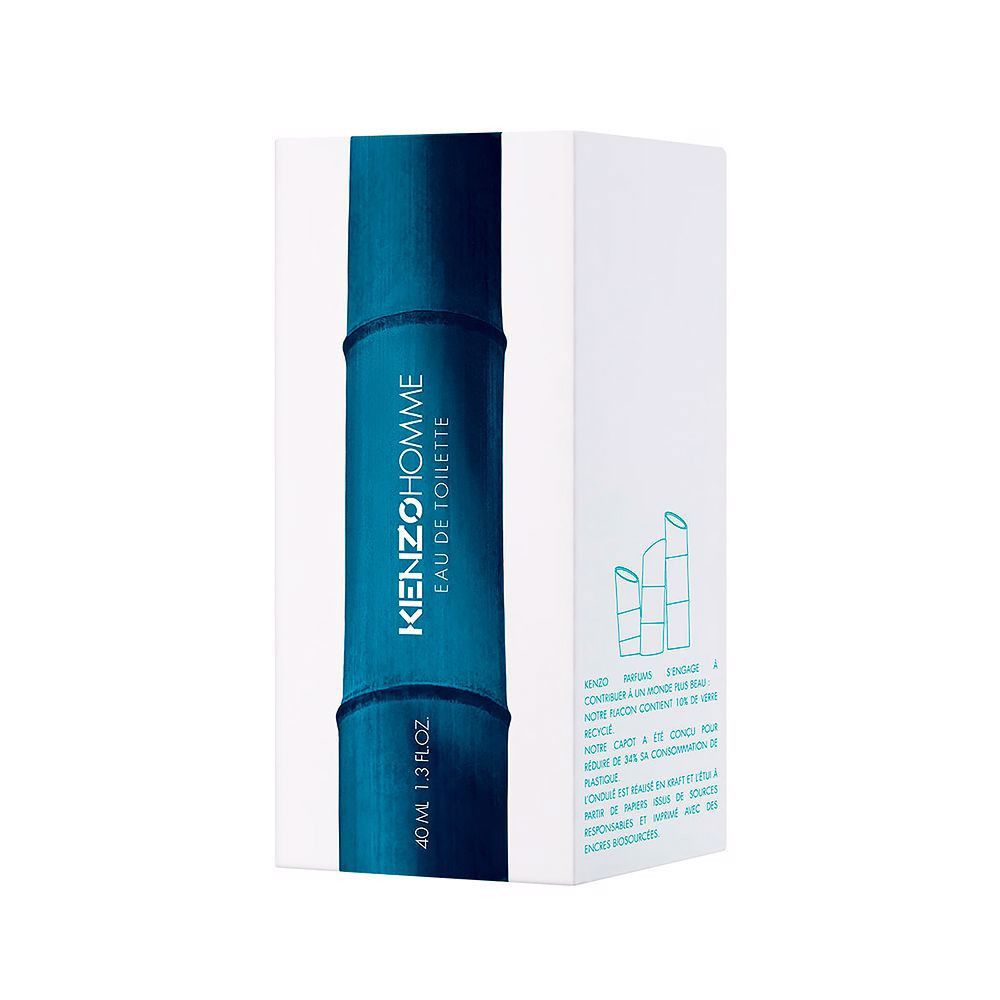 Weiße Verpackung für Kenzo Homme Eau de Toilette mit Bambus-Design und Produktabbildung.