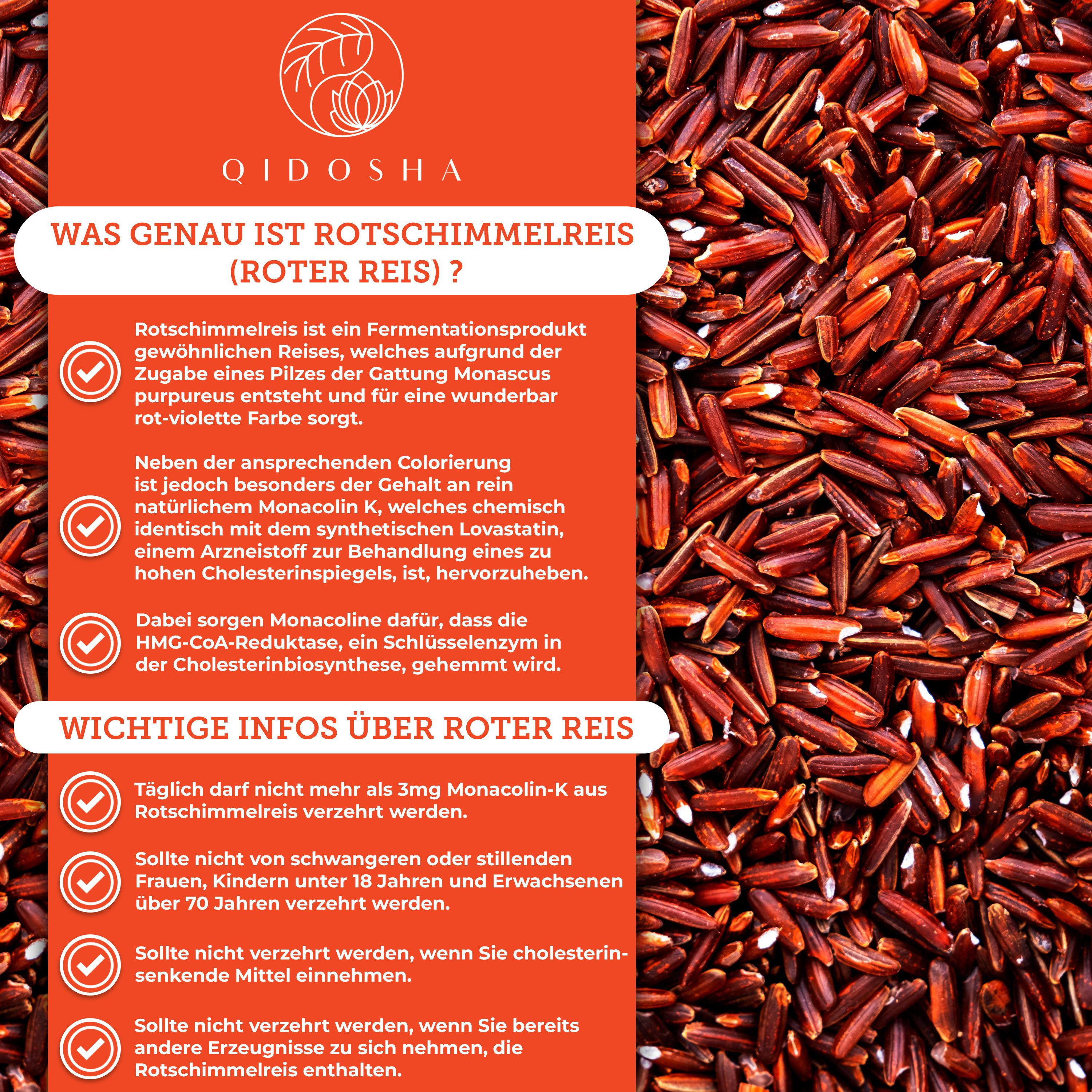Rotes Layout mit Text. Informationen über Rotschimmelreis. Wichtige Infos über Roter Reis. Icons: Monacolin K, nicht für Schwangere.