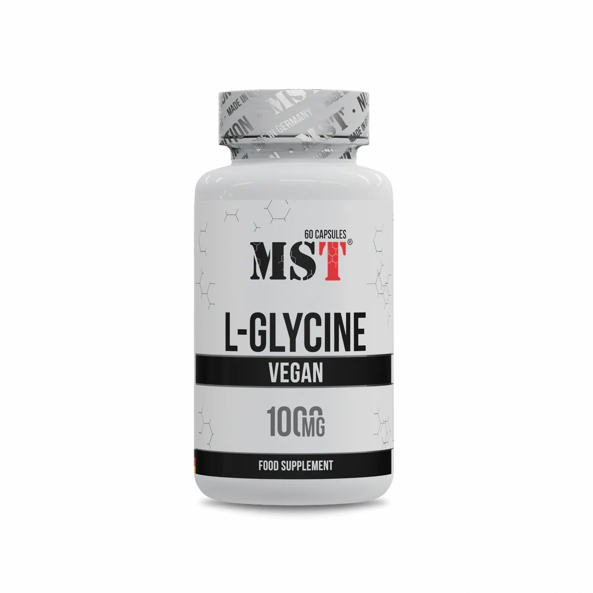 Weiße Flasche mit MST L-Glycin Kapseln. Aufschrift: Vegan, 1000mg, 60 Kapseln. Deckel mit Siegel.