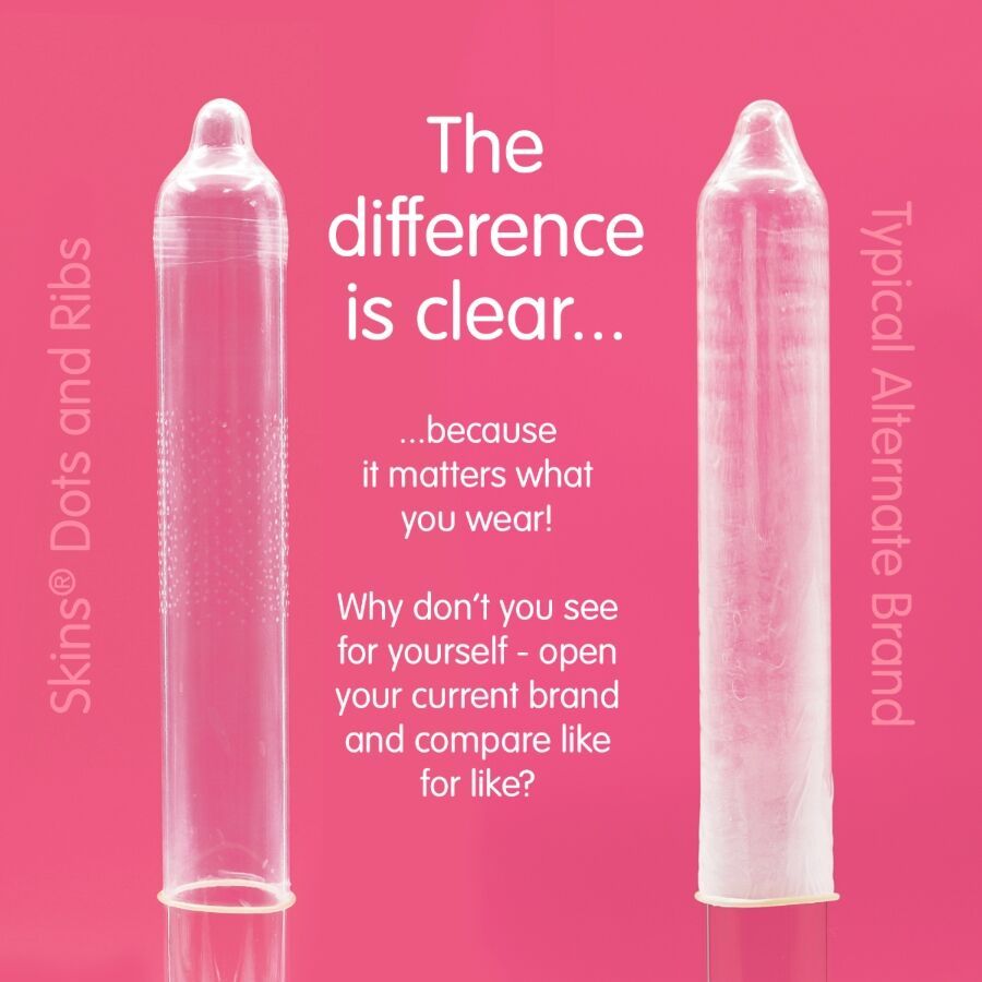 Zwei transparente Kondome, links mit Punkten und Rippen, rechts ein Standardmodell. Text: The difference is clear...