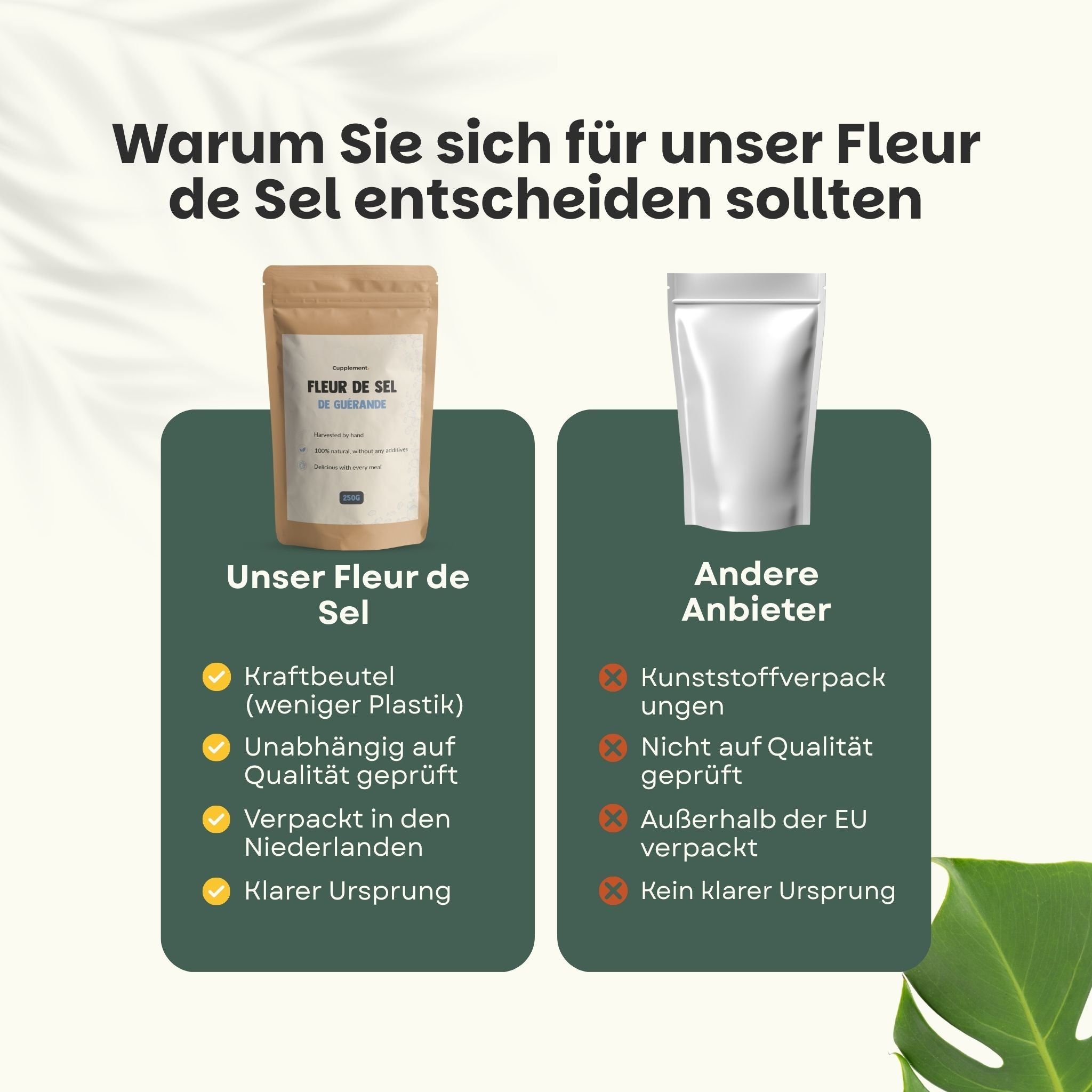 Vergleich: Unser Fleur de Sel vs. andere Anbieter. Unser: Kraftbeutel, Qualität geprüft, Herkunft. Andere: Plastik.