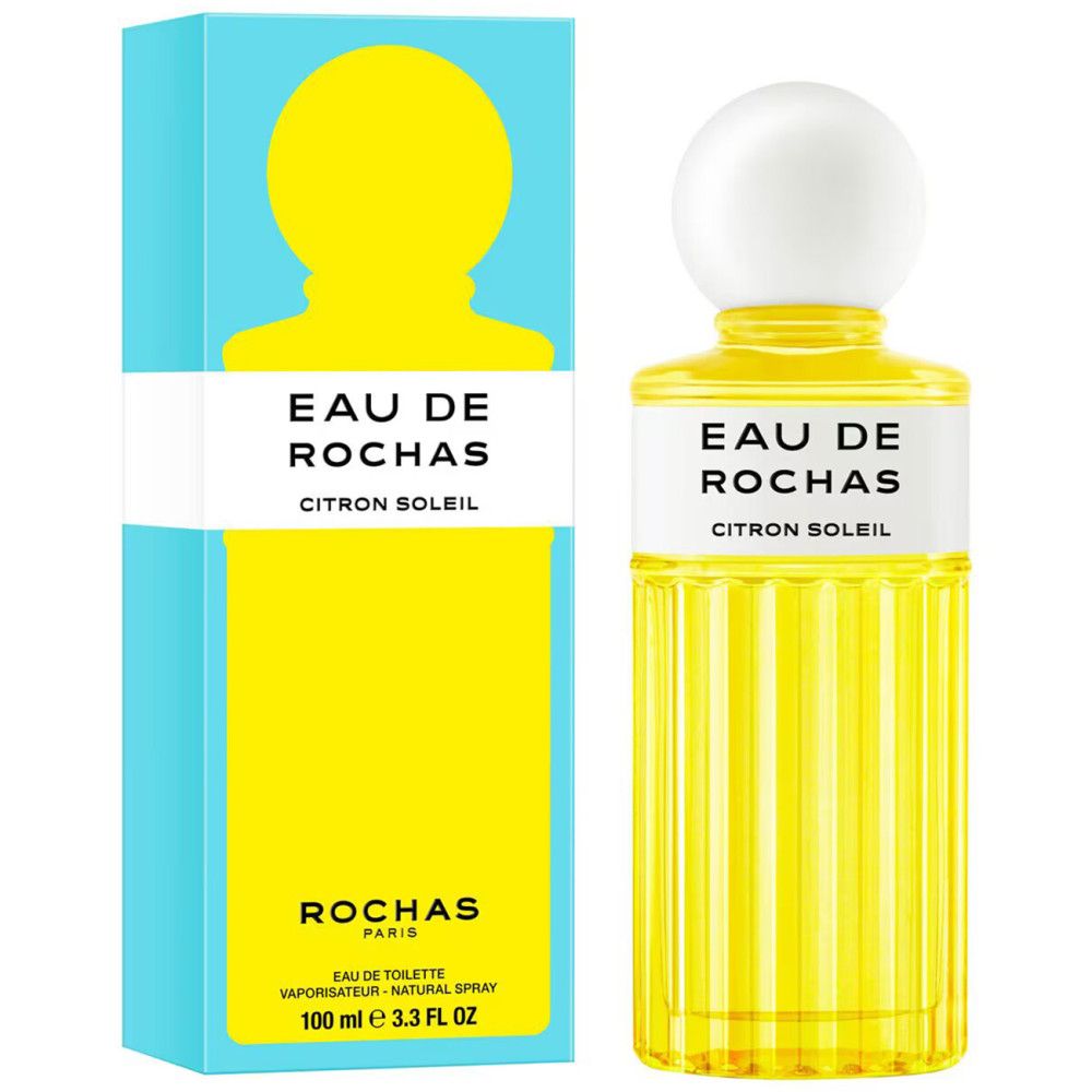 Gelbes Eau de Toilette mit weißem Verschluss und Verpackung. Aufschrift: Eau de Rochas Citron Soleil.