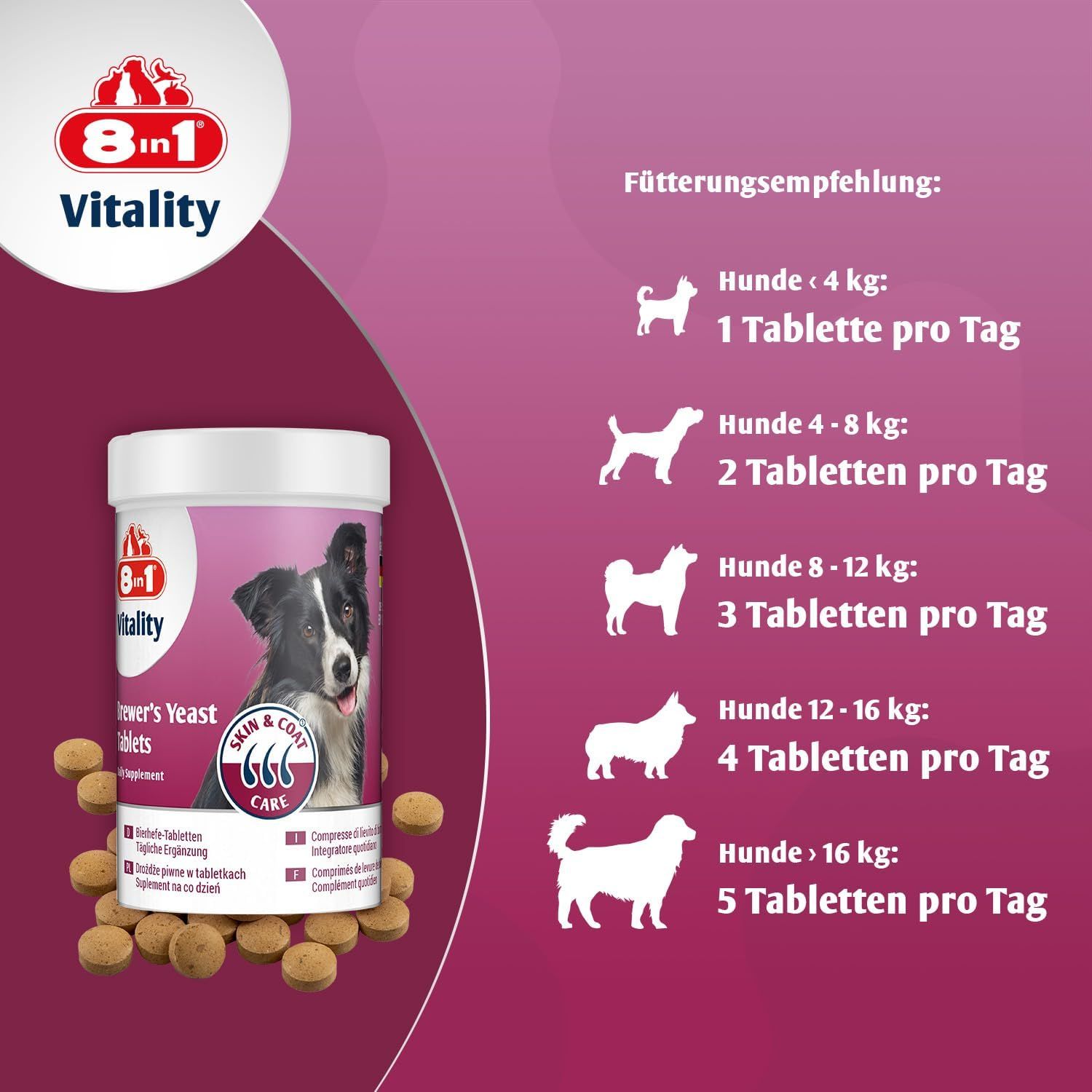 8in1 Vitality Flasche mit Haut & Fell Pflege Tabletten und verstreuten Tabletten.