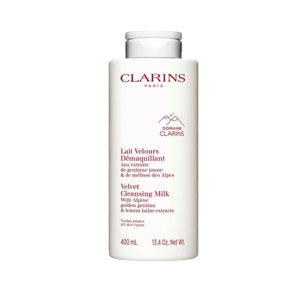 Clarins Lait Velours Démaquillant. Flasche mit weißem Deckel. Text: Lait Velours Démaquillant, Clarins Paris, 400 ml.
