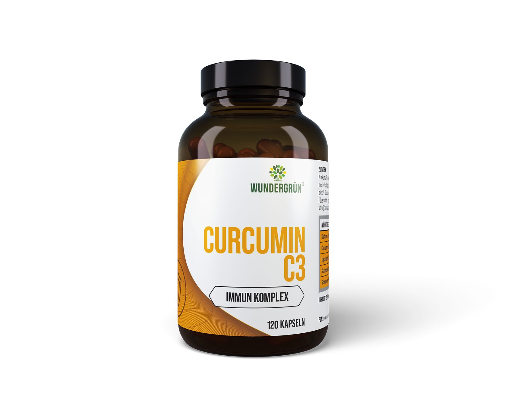 Braune Flasche mit schwarzem Deckel. Aufschrift: CURCUMIN C3 IMMUN KOMPLEX. 120 Kapseln. Gelbe Kapseln sichtbar.