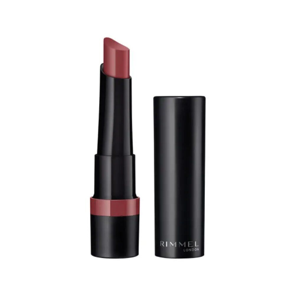 Lippenstift in Schwarz mit geöffneter Kappe. Der Lippenstift ist rosa-braun. Auf dem schwarzen Gehäuse steht Rimmel London.