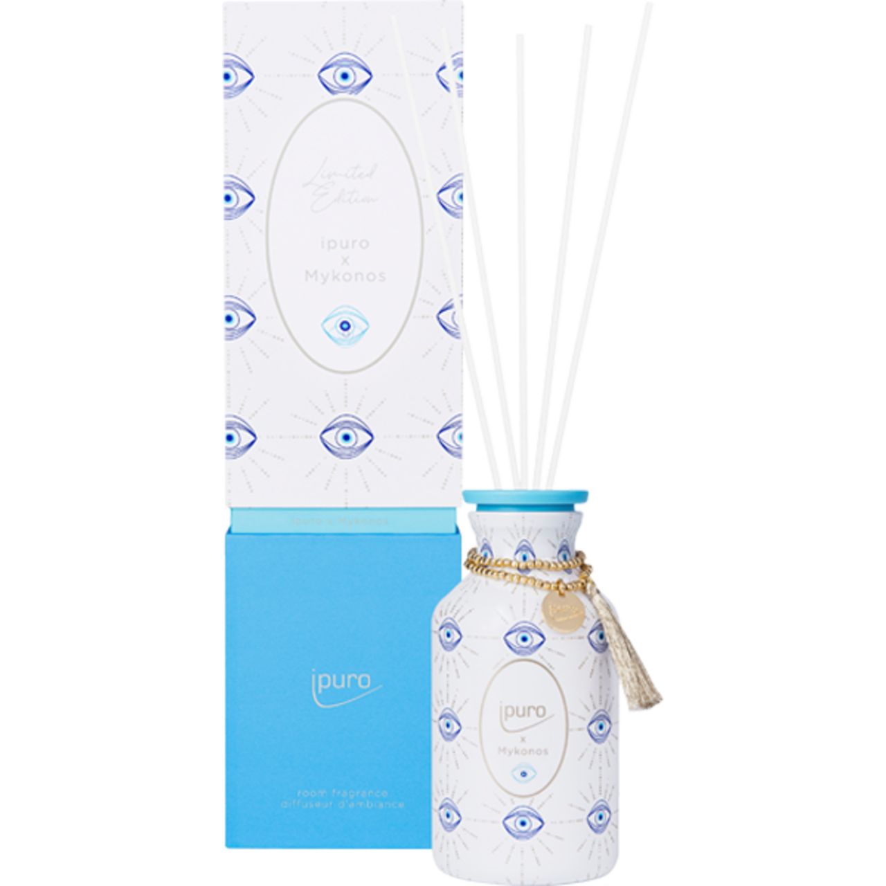 Raumduft-Diffusor mit Augenmuster, goldener Kette und Quaste. Inklusive Verpackung mit Augenmuster und Produktnamen.