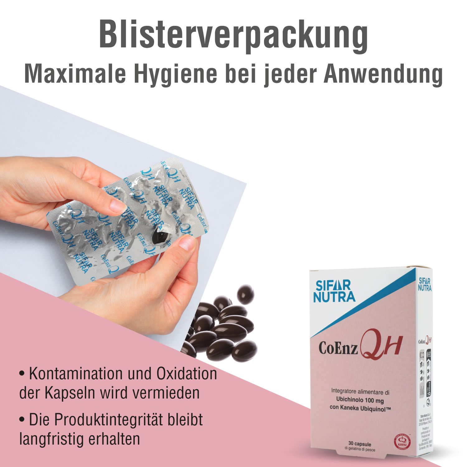 Hände halten Blisterpackung mit Kapseln. Sifar Nutra CoEnz QH-Packung. Text: Maximale Hygiene.