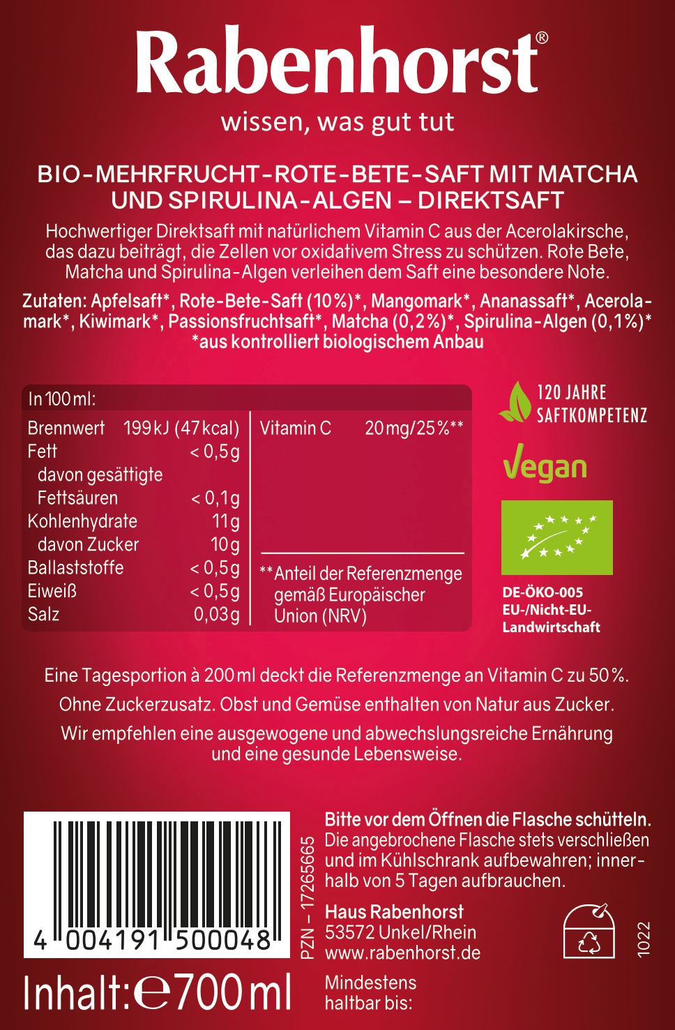 Etikett einer Saftflasche mit Zutatenliste und Nährwertangaben. Text: Rabenhorst, BIO-Mehrfrucht-Rote-Bete-Saft.