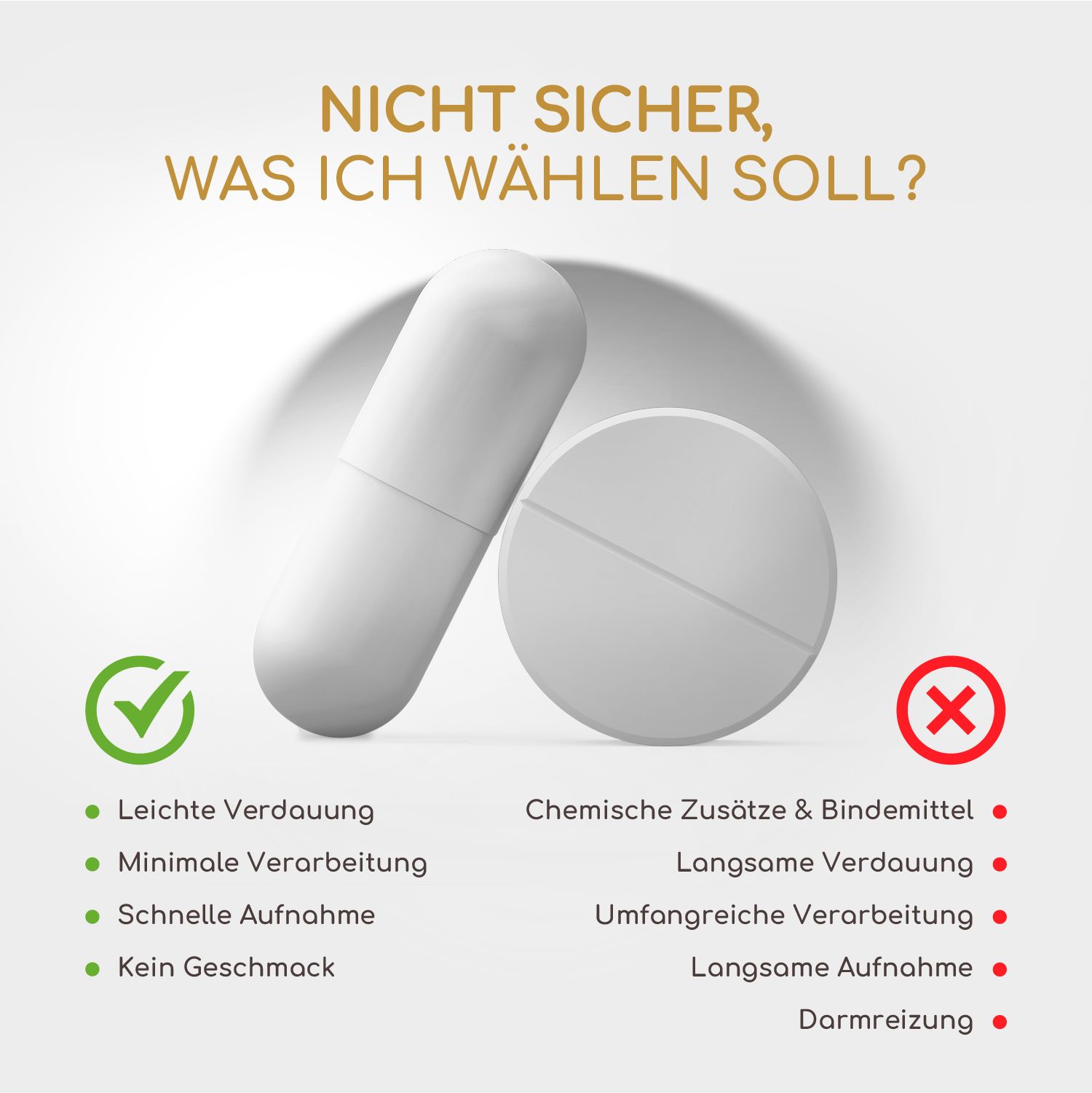 Kapsel und Tablette. Text: Leichte Verdauung, schnelle Aufnahme. Gegenüber: Chemische Zusätze, langsame Verdauung.