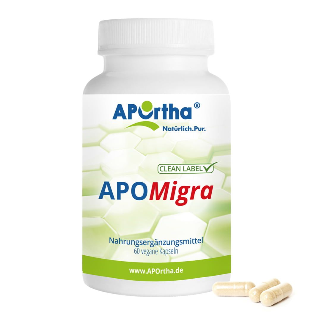 APOrtha® APOMigra Kapseln. Weiße Flasche mit Kapseln daneben. Produktname, Logo, 60 Kapseln, Nahrungsergänzungsmittel.