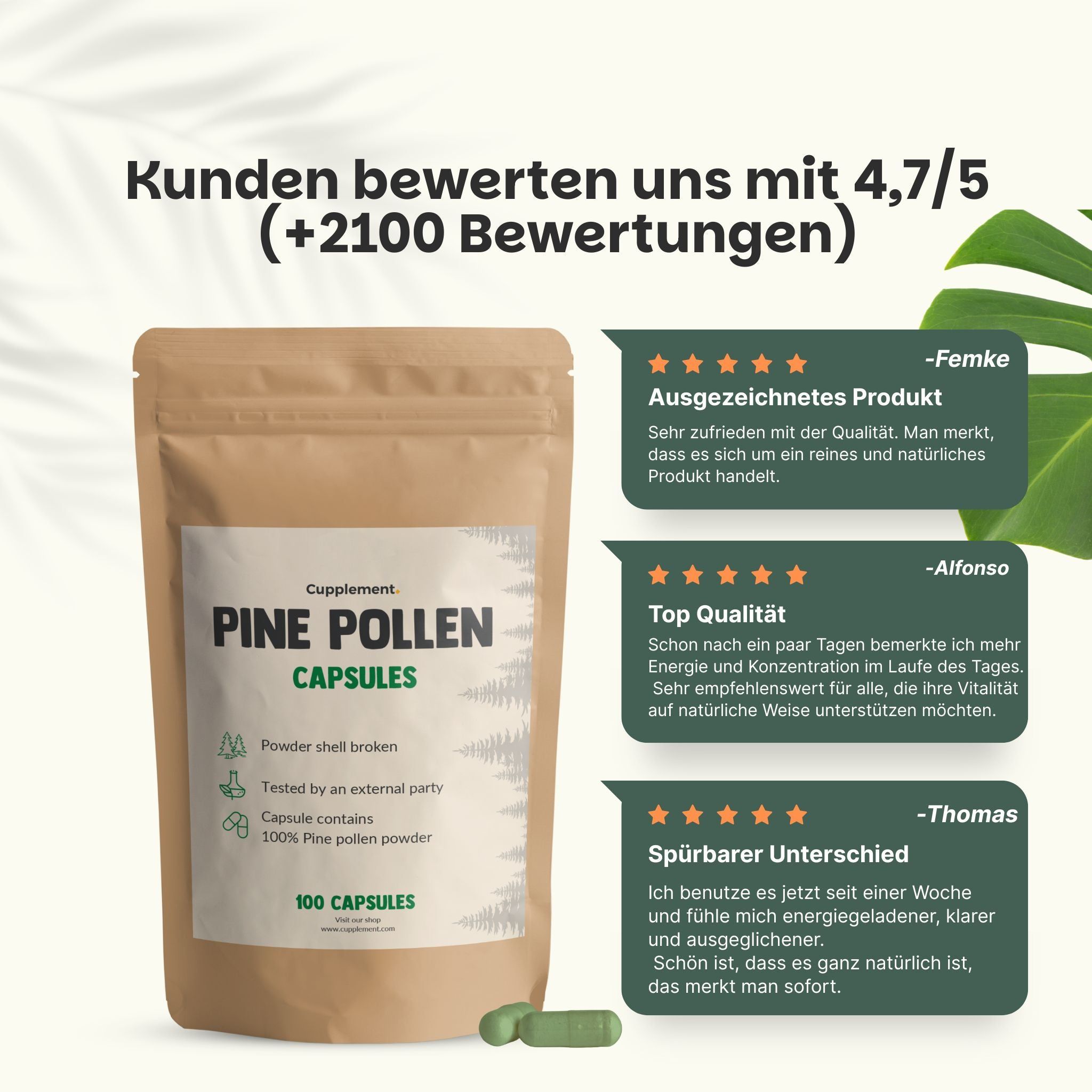 Text: Kunden bewerten uns mit 4,7/5 (+2100 Bewertungen). Kiefernpollen Kapseln. 100 Kapseln. 3 Kundenbewertungen.