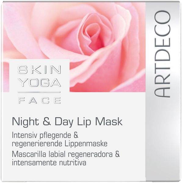 Verpackung mit Produktnamen Skin Yoga Face Night & Day Lip Mask. Rose im Hintergrund. Artdeco-Logo rechts.