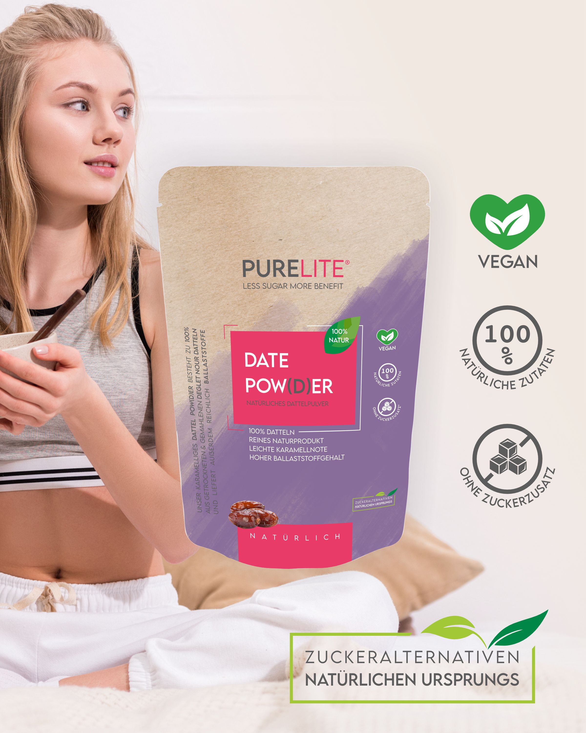 Frau hält PURELITE Dattelzucker-Beutel. Vegan, 100% natürliche Zutaten. Text: Date Powder, Zuckeralternativen natürlichen Ursprungs.