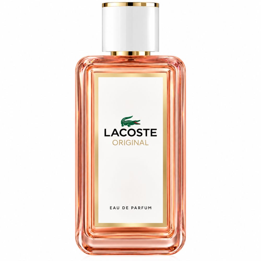 LACOSTE Original Femme EdP Nat. Spray Flakon. Rechteckiges Glasfläschchen mit weißem Etikett, goldenem Rand und weißem Verschluss.