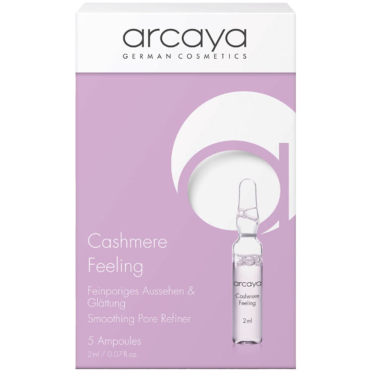 Verpackung mit 5 Ampullen. Aufschrift: Cashmere Feeling, Feinporiges Aussehen & Glättung, Smoothing Pore Refiner. Marke: arcaya.