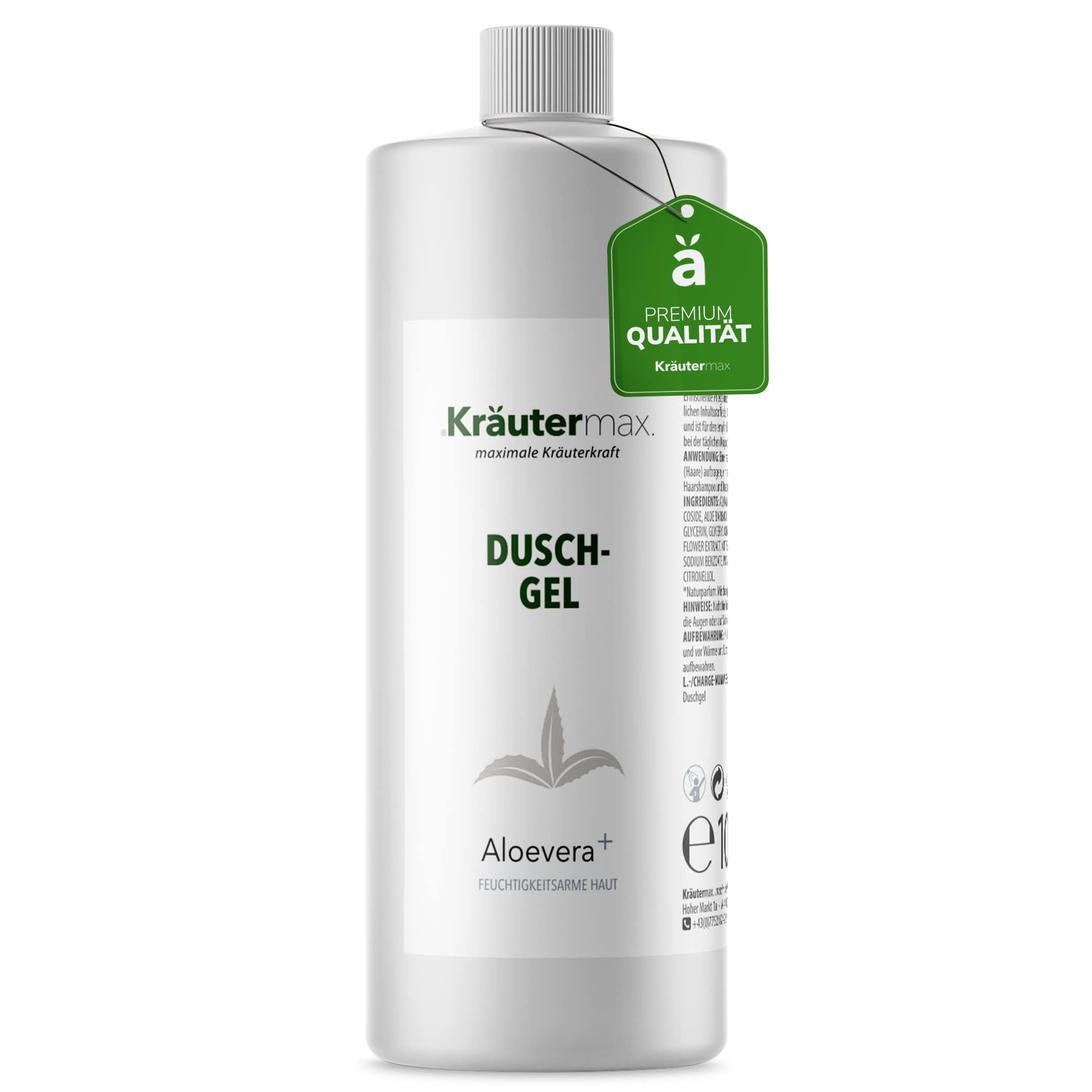 Weißes Duschgel-Behältnis mit Kräutermax-Logo und Premium-Qualität-Siegel. Text: Duschgel Aloevera+.