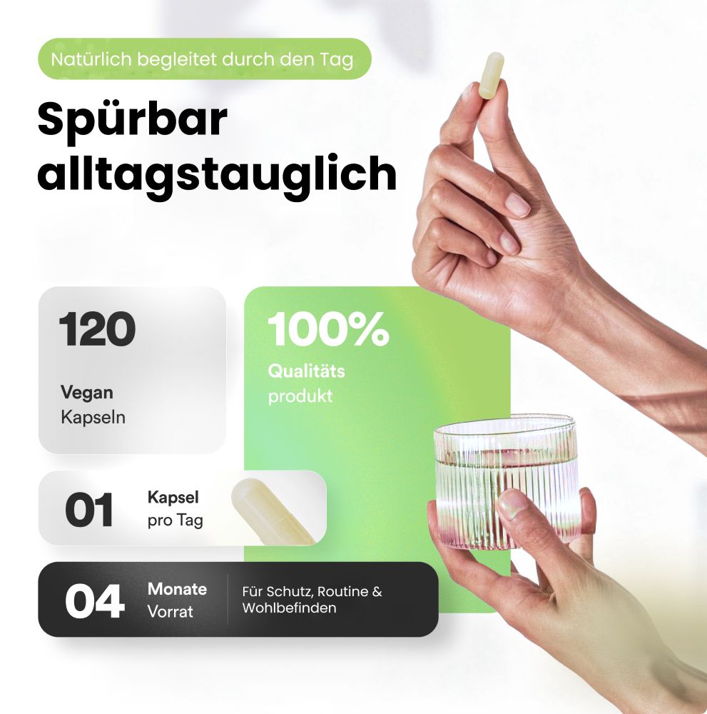 Hände halten Glas und Kapsel. Text: 120 vegane Kapseln, 1 Kapsel pro Tag, 4 Monate Vorrat. 100% Qualitätsprodukt.