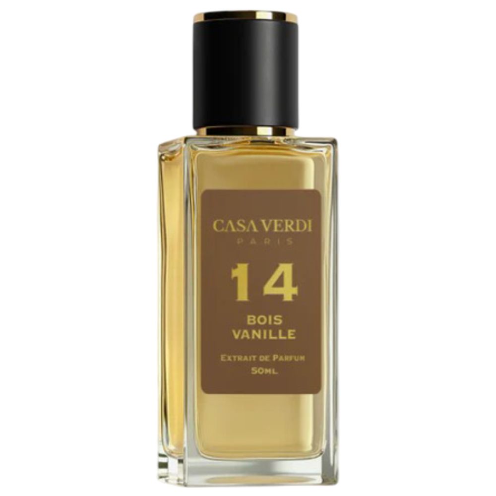 Glasflakon mit schwarzem Deckel. Auf braunem Etikett: Casa Verdi Paris, 14 Bois Vanille, Extrait de Parfum.