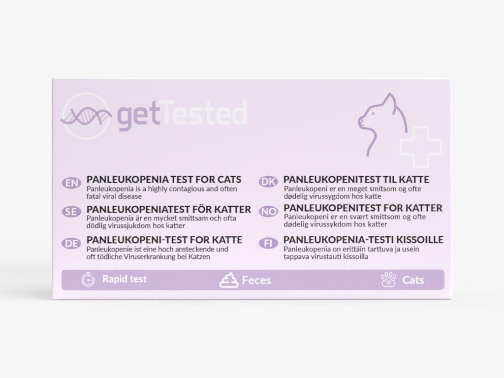 Verpackung für einen Panleukopenie-Test für Katzen. Aufschrift: getTested. Enthält Text in mehreren Sprachen. Abbildung einer Katze.