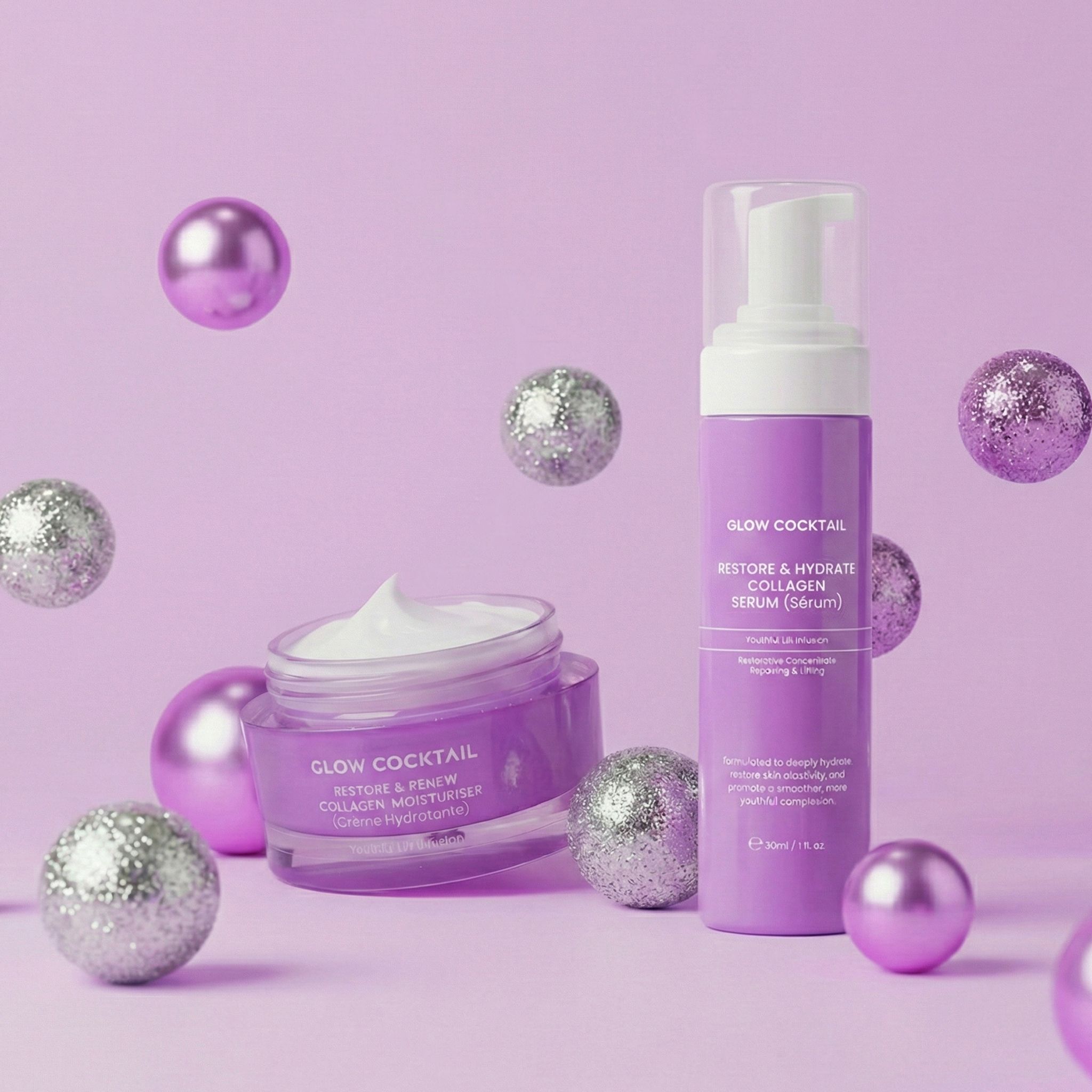 Lila Creme-Tiegel und Serumflasche mit weißen Kugeln. Aufschrift: Glow Cocktail, Restore & Renew Collagen.