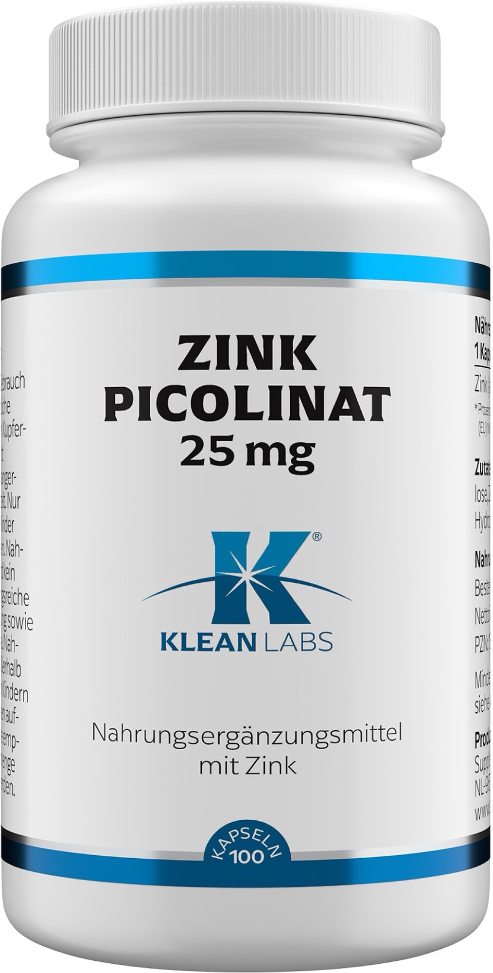 Weiße Kapsel mit blauen Akzenten, beschriftet mit ZINK PICOLINAT 25 mg und Klean Labs Logo.