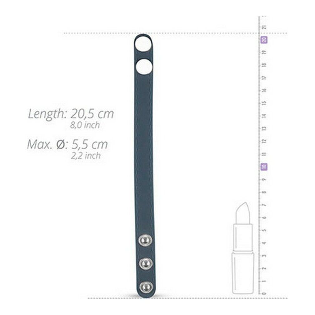 Blauer Penisring mit drei Knöpfen. Maße: 20,5 cm lang, Ø 5,5 cm.