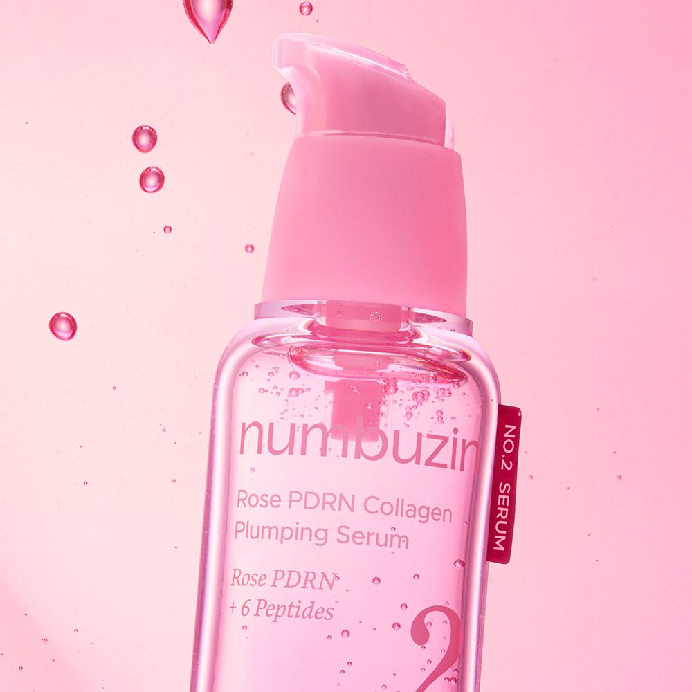 Numbuzin No.2 Rose PDRN Collagen Plumping Serum mit rosa Bläschen.