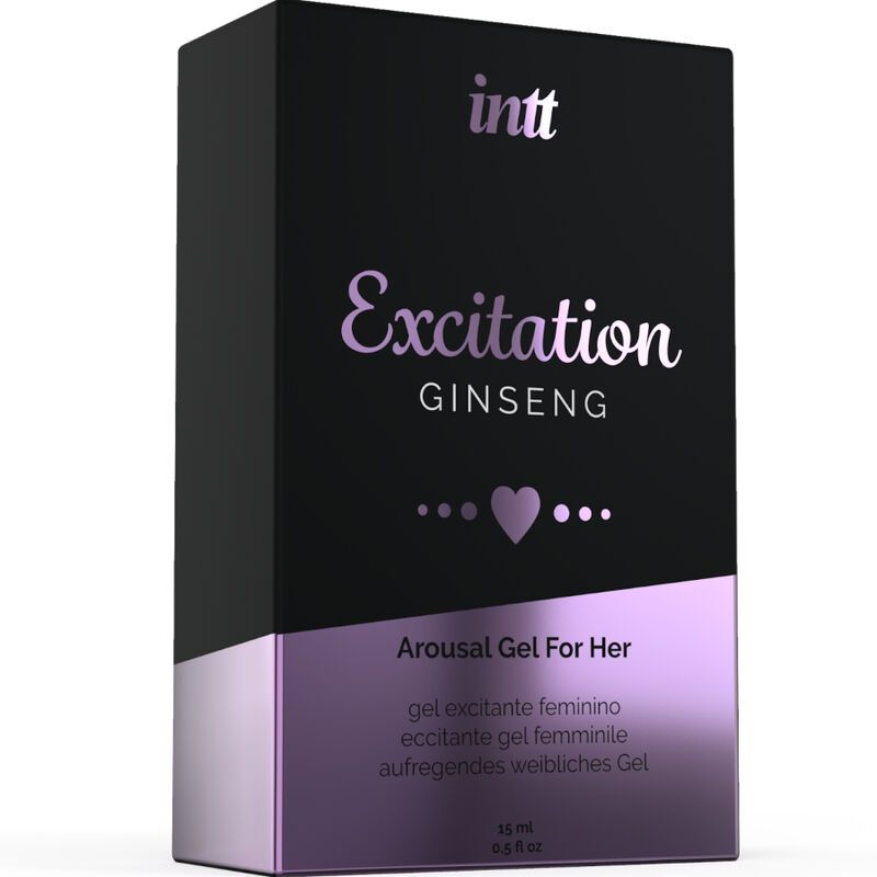 Schwarze Verpackung. Aufschrift: intt Excitation Ginseng. Produktname und Herz-Symbol. Text: Arousal Gel For Her. Lila Akzent.