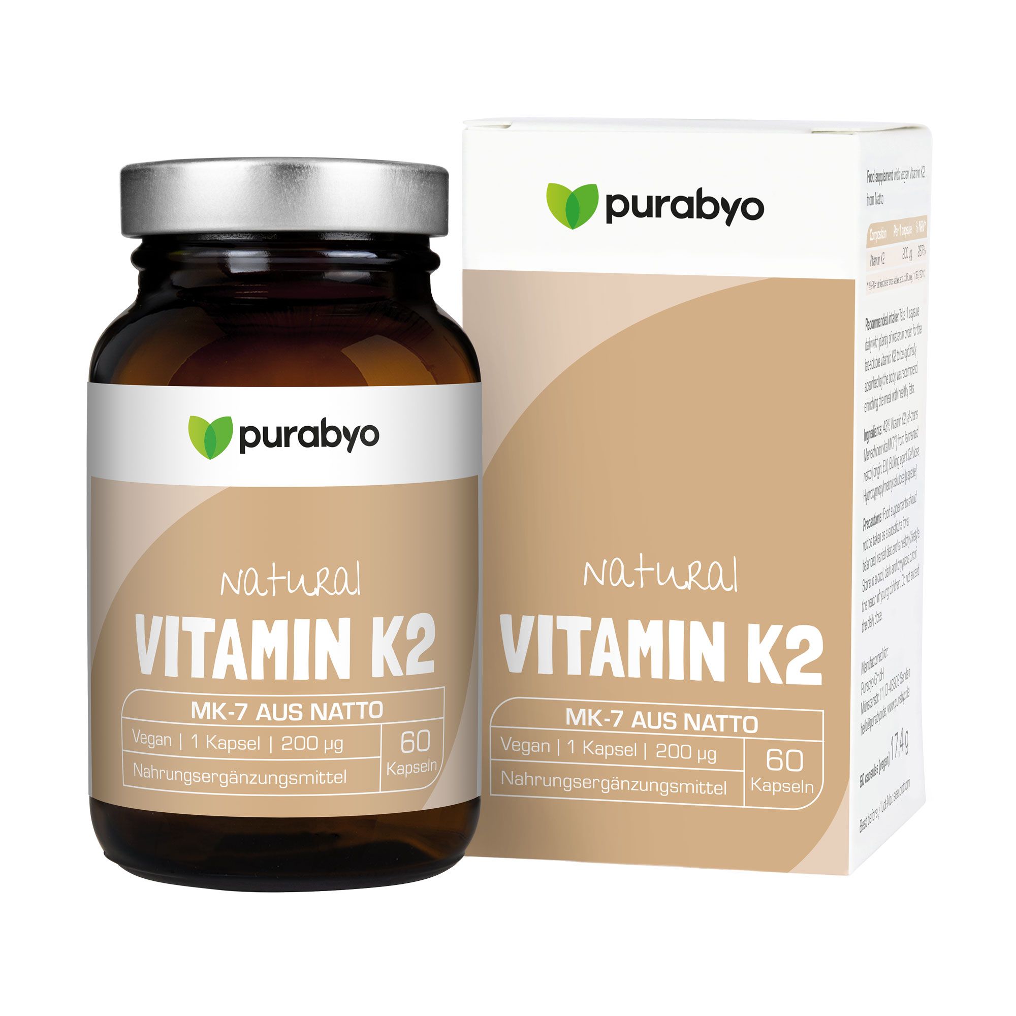 Purabyo Vitamin K2 Kapseln | 200 mcg Mk-7 Glas statt Plastik 60 St